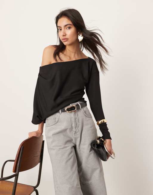 ASOS EDITION - Draperet offshoulder-top i sort