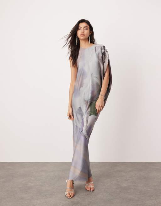 ASOS EDITION - Draperet og etærmet midikjole med asymmetrisk design og stort hesteprint i satin