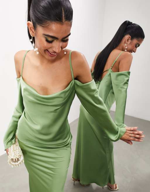 ASOS EDITION drapey long sleeve cold shoulder top in green ASOS