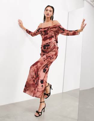 ASOS Edition - Drapiertes, langärmliges Bardot-Maxikleid mit Rosenmuster-Bunt