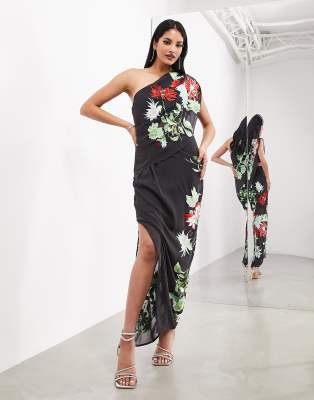 ASOS EDITION - Drapiertes Maxikleid in Dunkelgrau mit Blumenstickerei, One-Shoulder-Träger und Schlitz-Grün