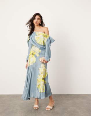 ASOS EDITION - Drapiertes Midikleid aus Satin in Airforce-Blau mit One-Shoulder-Träger und Blumenstickerei