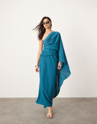 ASOS EDITION - Drapiertes Midikleid in Blaugrün mit One-Shoulder-Ärmel