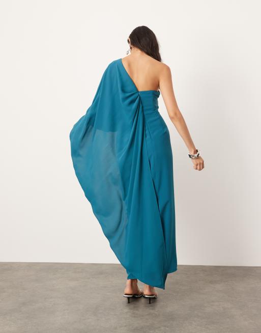 ASOS EDITION Drapiertes Midikleid in Blaugrun mit One Shoulder Armel