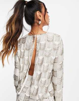 ASOS Edition – Drapowany top w kratę koralików i pereł z rozcięciem na plecach