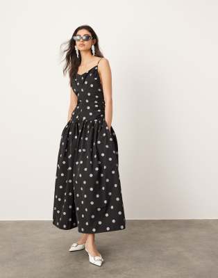 drawstring detail midi dress with dropped waist in spot print-Multi