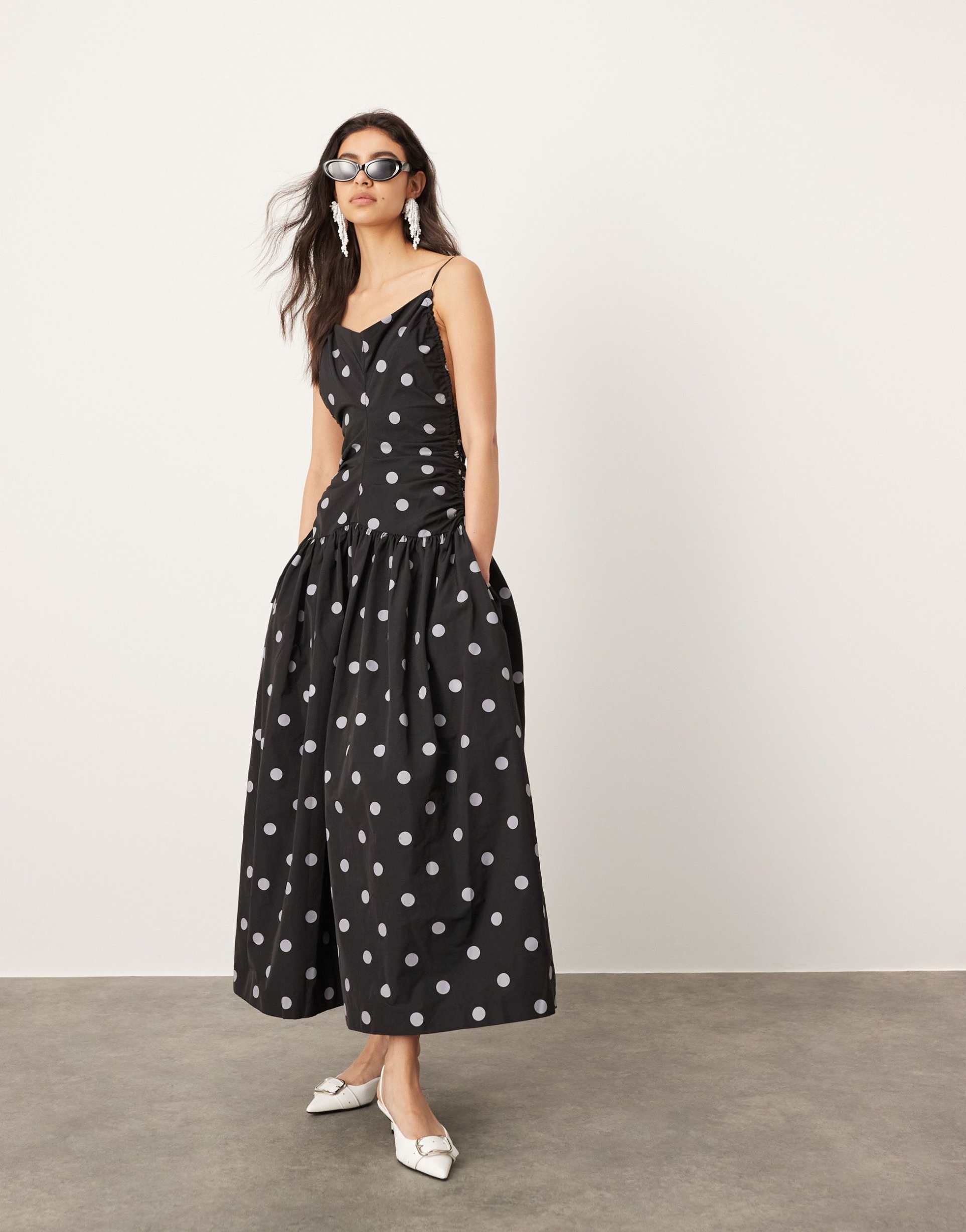 asos edition drawstring detail midi dress with dropped waist in spot print