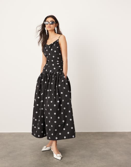 ASOS EDITION drawstring detail midi dress with dropped waist in spot print