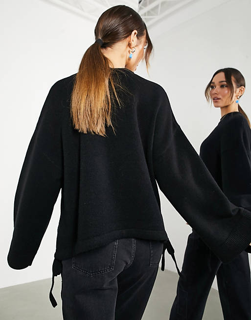 Women drawstring hem knitted jumper in black 