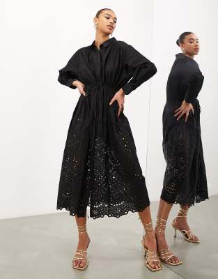 drawstring shirt midi dress with broderie hem in black
