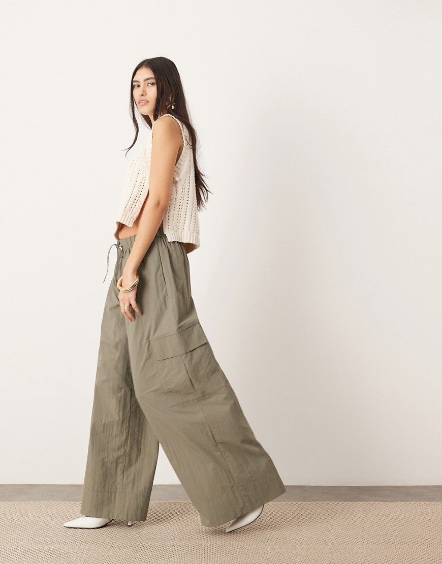 Asos Design Drawstring Wide Leg Pants With Cargo Pocket In Khaki-green