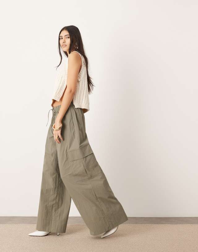 ASOS EDITION - drawstring wide leg trouser with cargo pocket in khaki