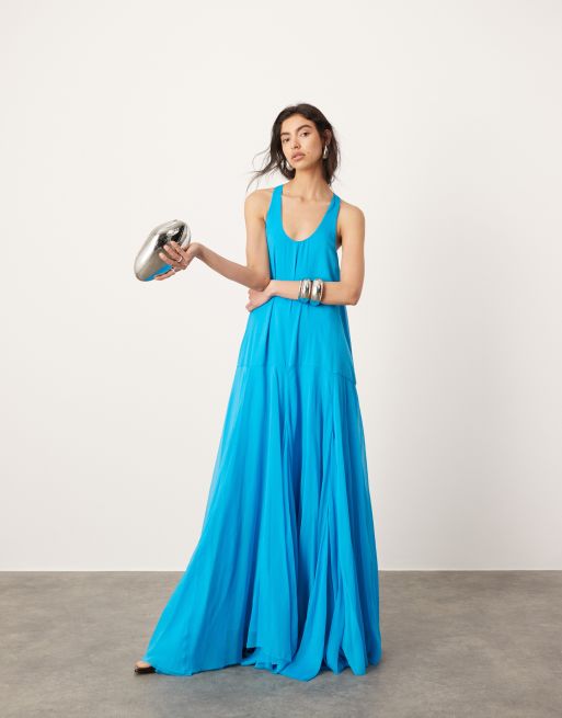 ASOS EDITION drop waist maxi dress with chiffon skirt in blue ASOS