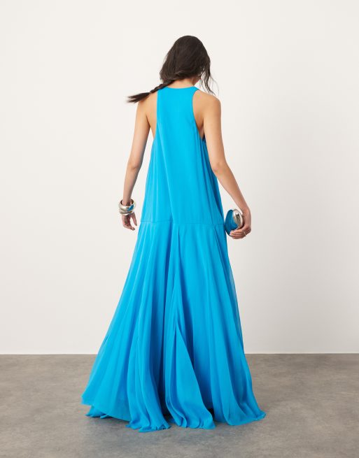 ASOS EDITION drop waist maxi dress with chiffon skirt in blue ASOS