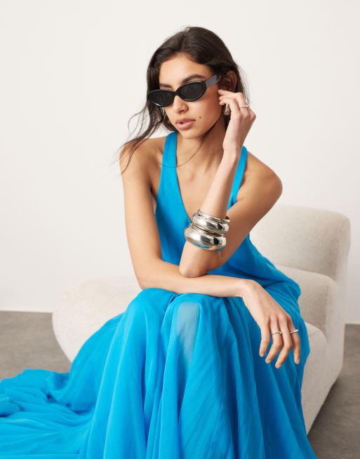 ASOS EDITION drop waist maxi dress with chiffon skirt in blue | ASOS