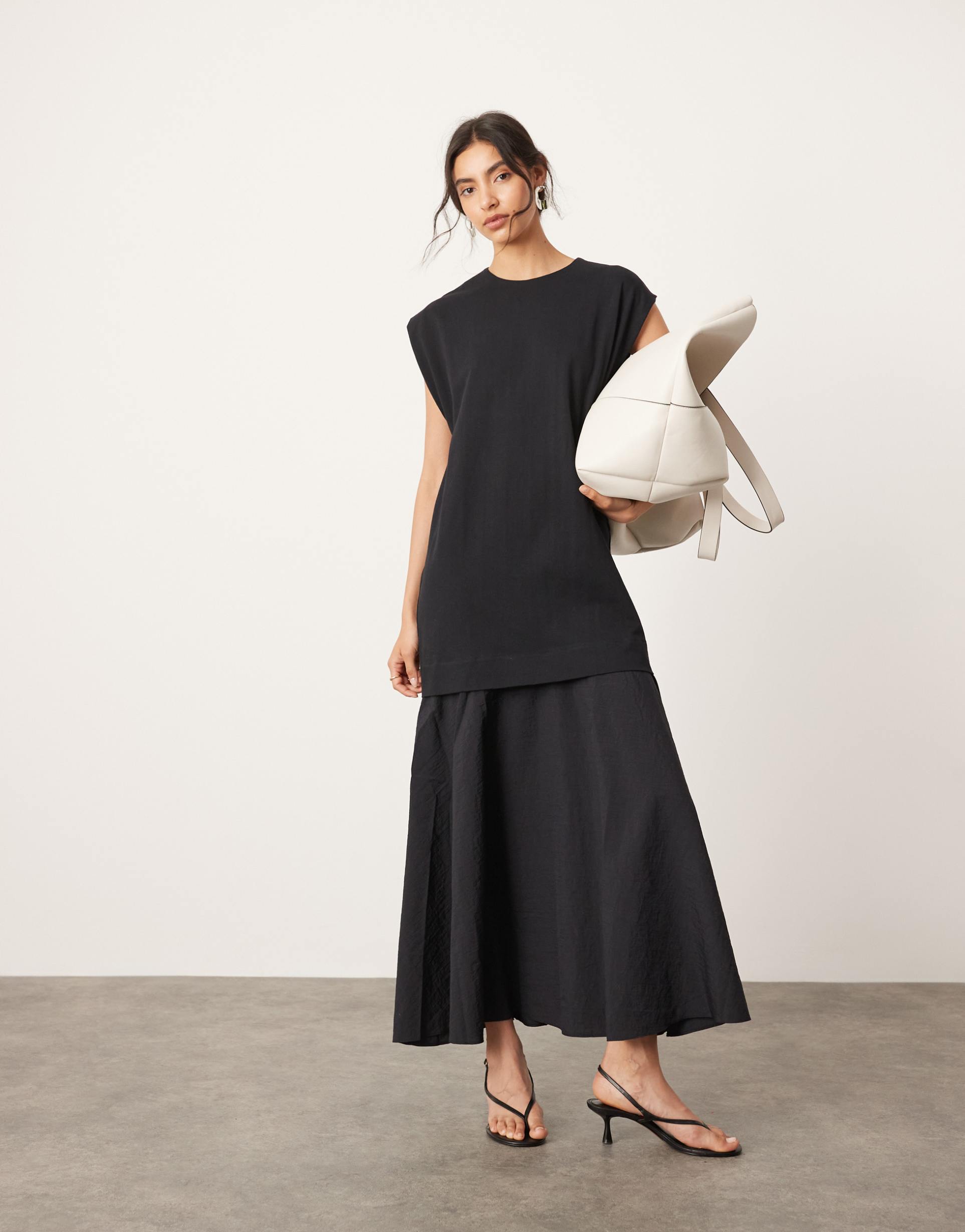 asos edition drop waist oversized maxi t-shirt dress in contrast fabric in black