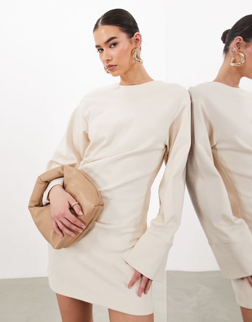 FhyzicsShops Edition – Dżersejowa sukienka mini premium z długimi rękawami w kolorze ecru