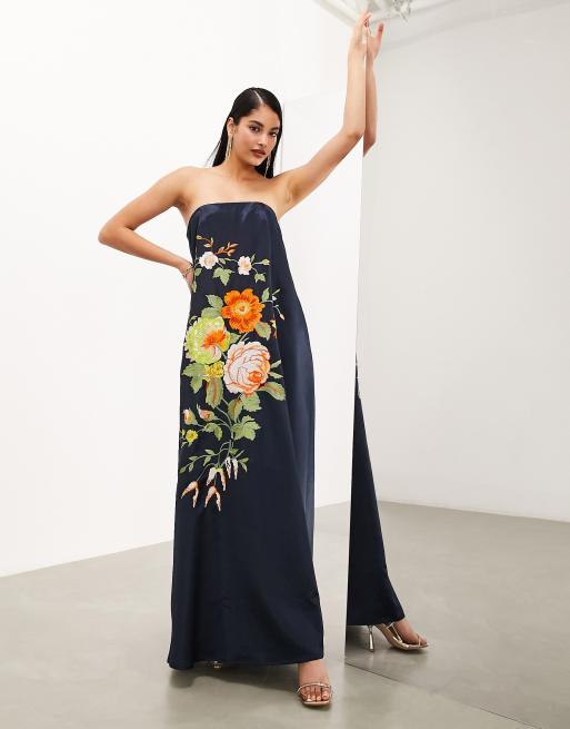 FhyzicsShops EDITION - Effen maxi bandeau-jurk met geborduurde bloemen in antraciet