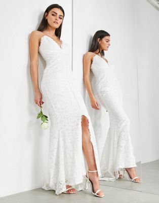 ASOS EDITION – Elegantes Hochzeitskleid aus Spitze mit Camisole-Trägern-Weiß