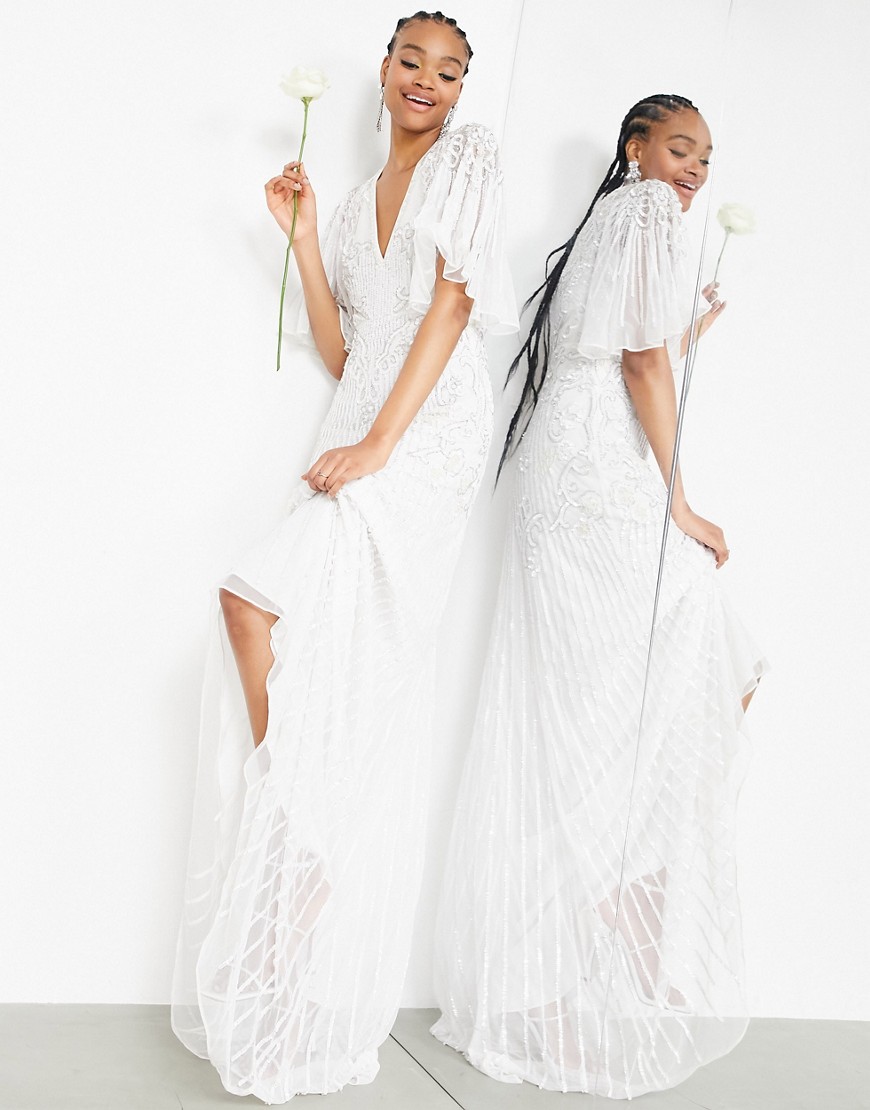 ASOS EDITION Eliza flutter sleeve embellished wedding dress-White