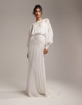 ASOS EDITION Ella blouson sleeve beaded cutwork wedding dress in cream