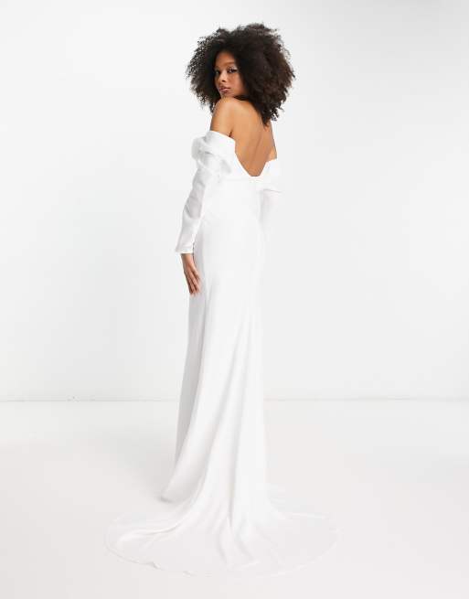ASOS EDITION – Elodie – Benvit bröllopsklänning av satin med långa ärmar och bardotringning, 4 av 4