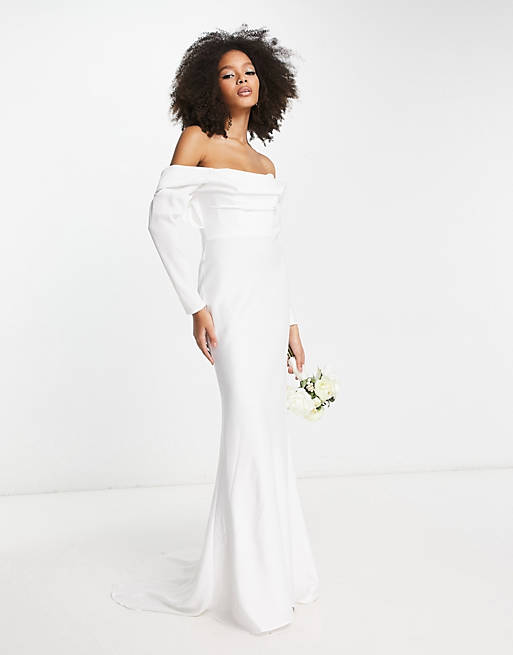 ASOS EDITION Elodie long sleeve satin drape Bardot wedding dress in ivory