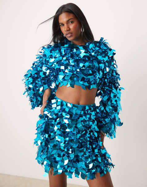 ASOS EDITION embellished 3D sequin long sleeve crop top in teal blue - part of a set - view 1