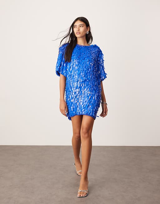 sequin tshirt dress ARRANGE embellished disc T-shirt mini in light blue and a vibrant ASOS EDITION embellished 3D sequin