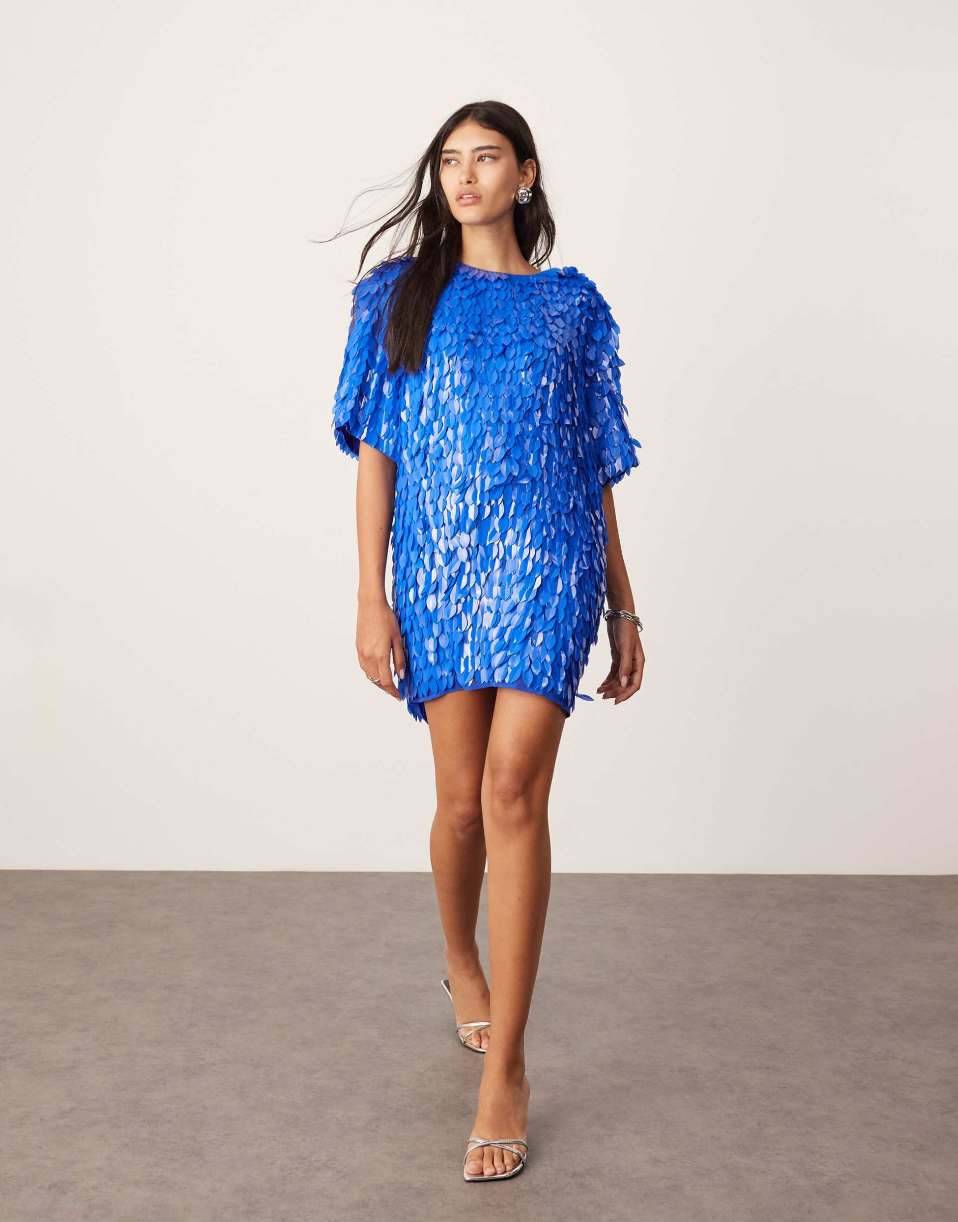 asos edition embellished 3d sequin t-shirt mini dress in blue