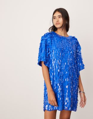asos edition embellished 3d sequin t-shirt mini dress in blue