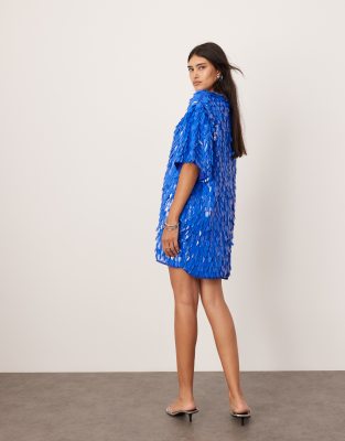 asos edition embellished 3d sequin t-shirt mini dress in blue