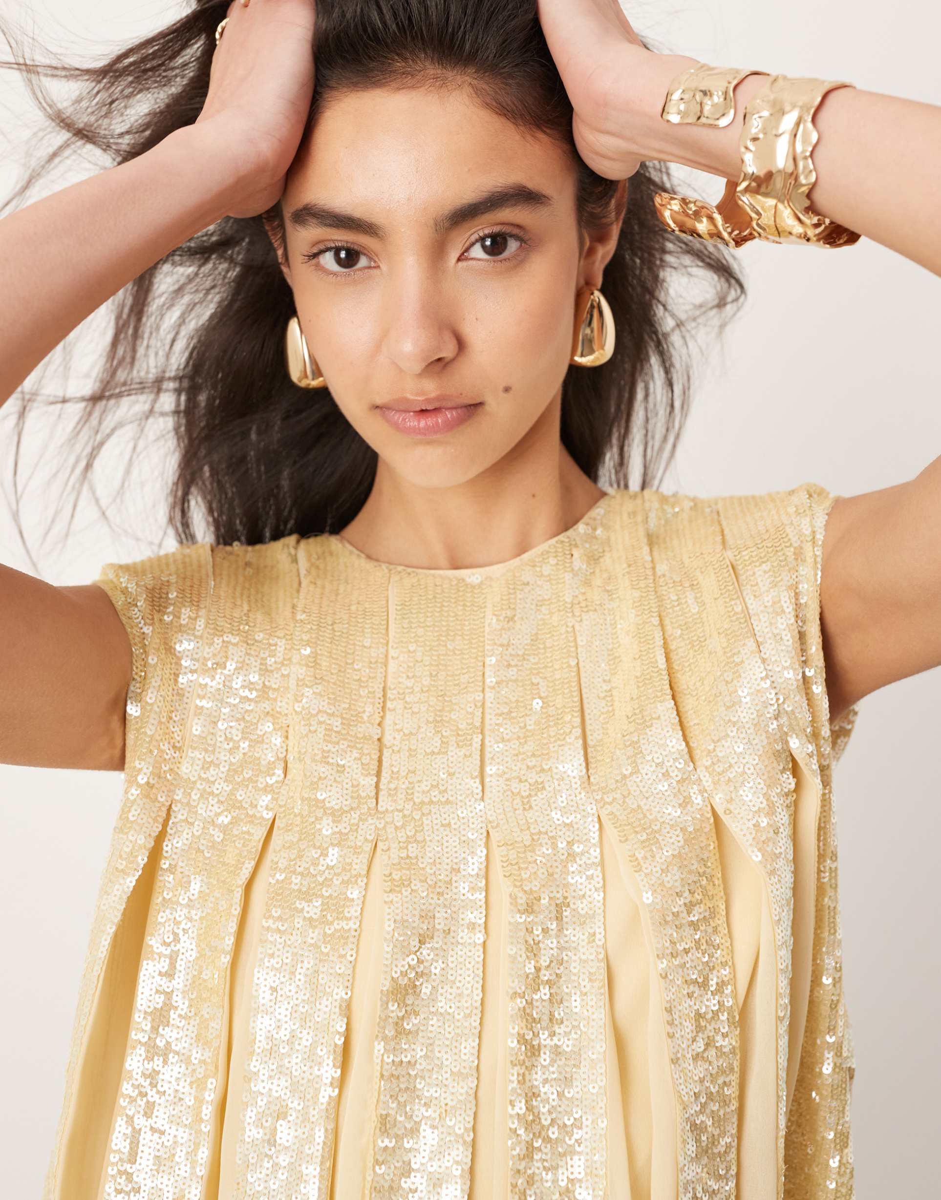 asos edition embellished allover sequin pleat trapeze mini dress in cream