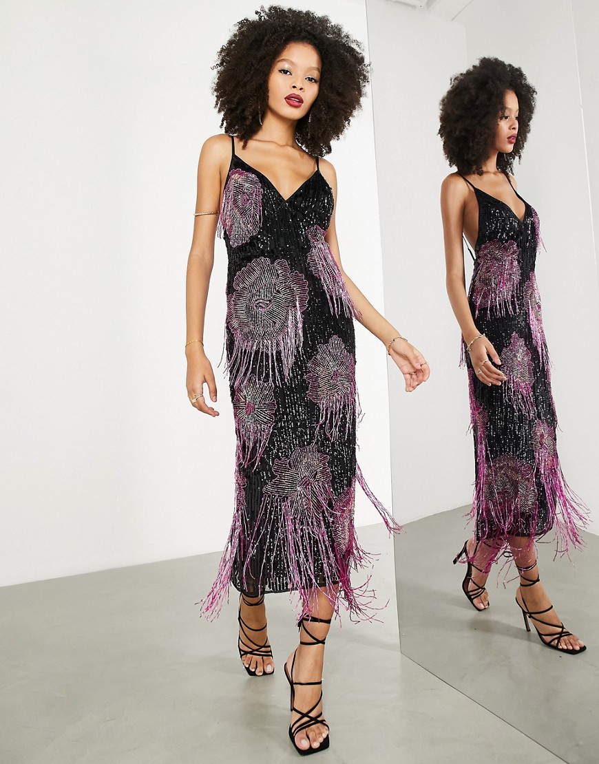 ASOS EDITION embellished cami midi dress with floral fringe in black and pink