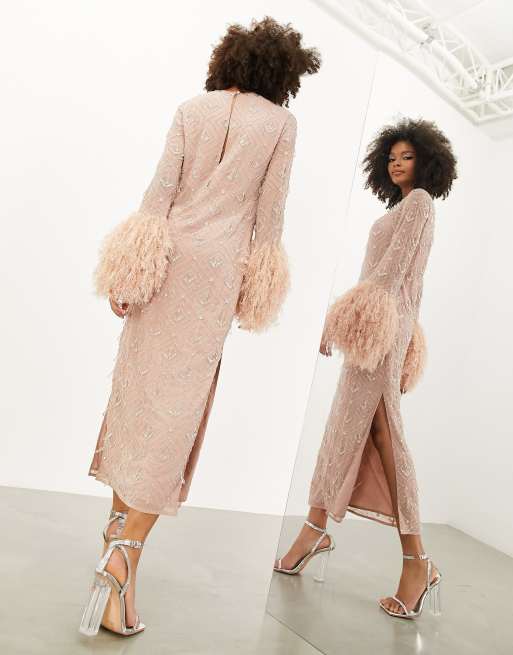 Asos edition embellished showgirl cheap midi dress with faux feathers