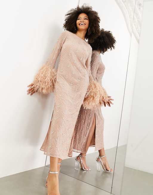 ASOS EDITION embellished crystal long sleeve midi dress with faux feather cuffs in blush