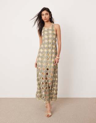 asos edition embellished cutwork halterneck maxi dress in gold