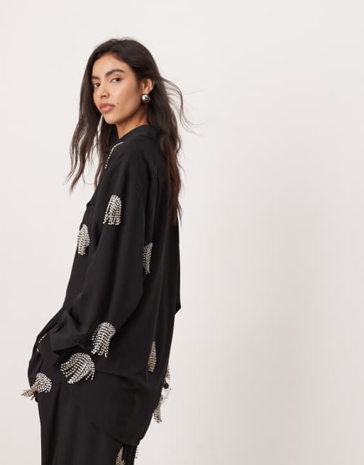 ASOS EDITION embellished diamante fringe spot oversized shirt co-ord in black, 4 of 4