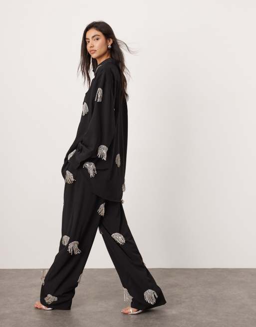ASOS EDITION embellished diamante fringe spot wide leg trouser co-ord in black, 3 of 5