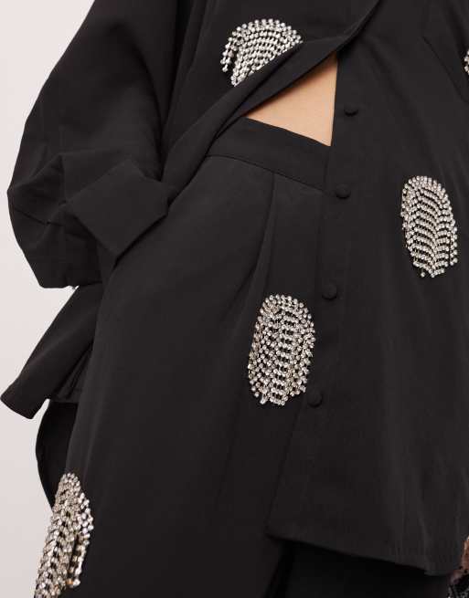 ASOS EDITION embellished diamante fringe spot wide leg trouser co-ord in black, 4 of 5