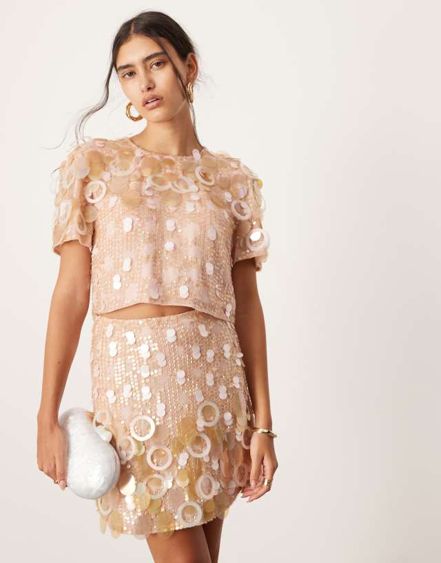 ASOS EDITION - embellished disc boxy tshirt and mini skirt in pink