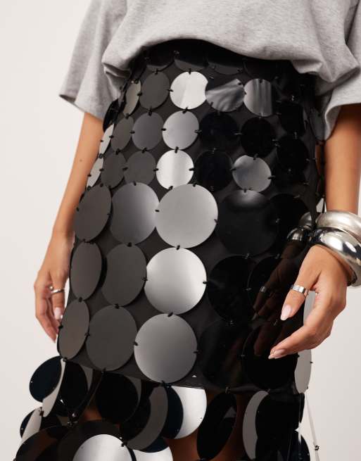 ASOS EDITION embellished disc fringe midi skirt with hem detail in black, 3 of 5