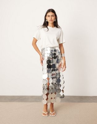 Asos Design Embellished Disc Fringe Midi Skirt With Hem Detail In Silver