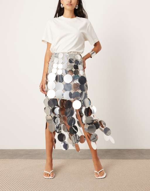 ASOS EDITION embellished disc fringe midi skirt with hem detail in silver, 3 of 5