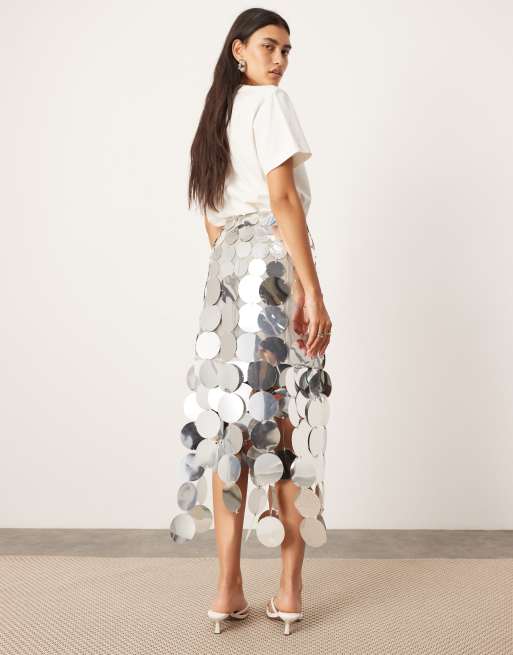 ASOS EDITION embellished disc fringe midi skirt with hem detail in silver, 4 of 5