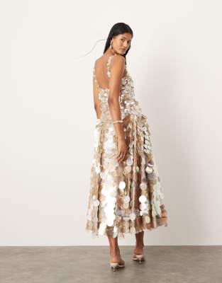 ASOS EDITION embellished disc sequin square neck full skirt midi dress in  silver | ASOS