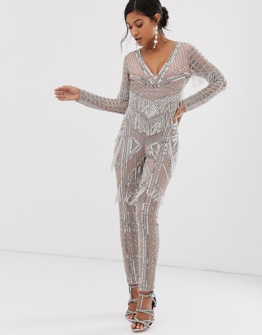 Long sleeve store fringe jumpsuit