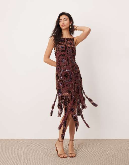 Asos edition embellished showgirl midi dress with faux feathers online