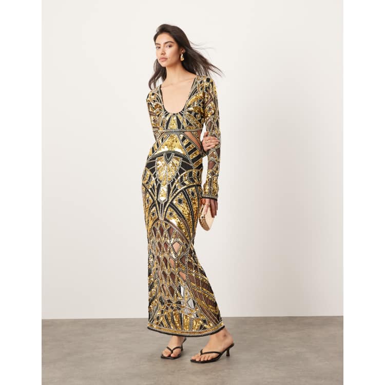 ASOS EDITION embellished long sleeve sequin cut work plunge neck maxi dress in black and gold ASOS