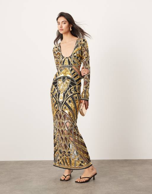 ASOS EDITION embellished long sleeve sequin cut work plunge neck maxi dress in black and gold